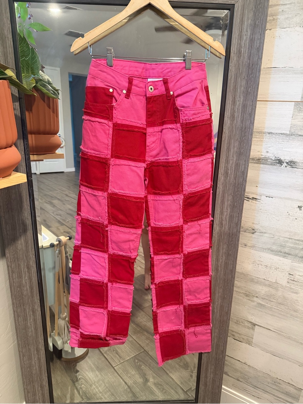 Patchwork High-Rise Wide-Leg Jeans - Pink & Red